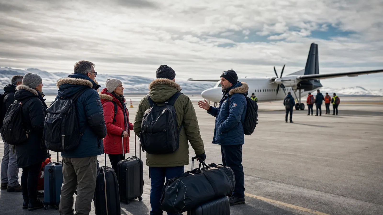 Antarctica fly-cruise travelers listening to a leader near a small propeller aircraft at a southern airport.