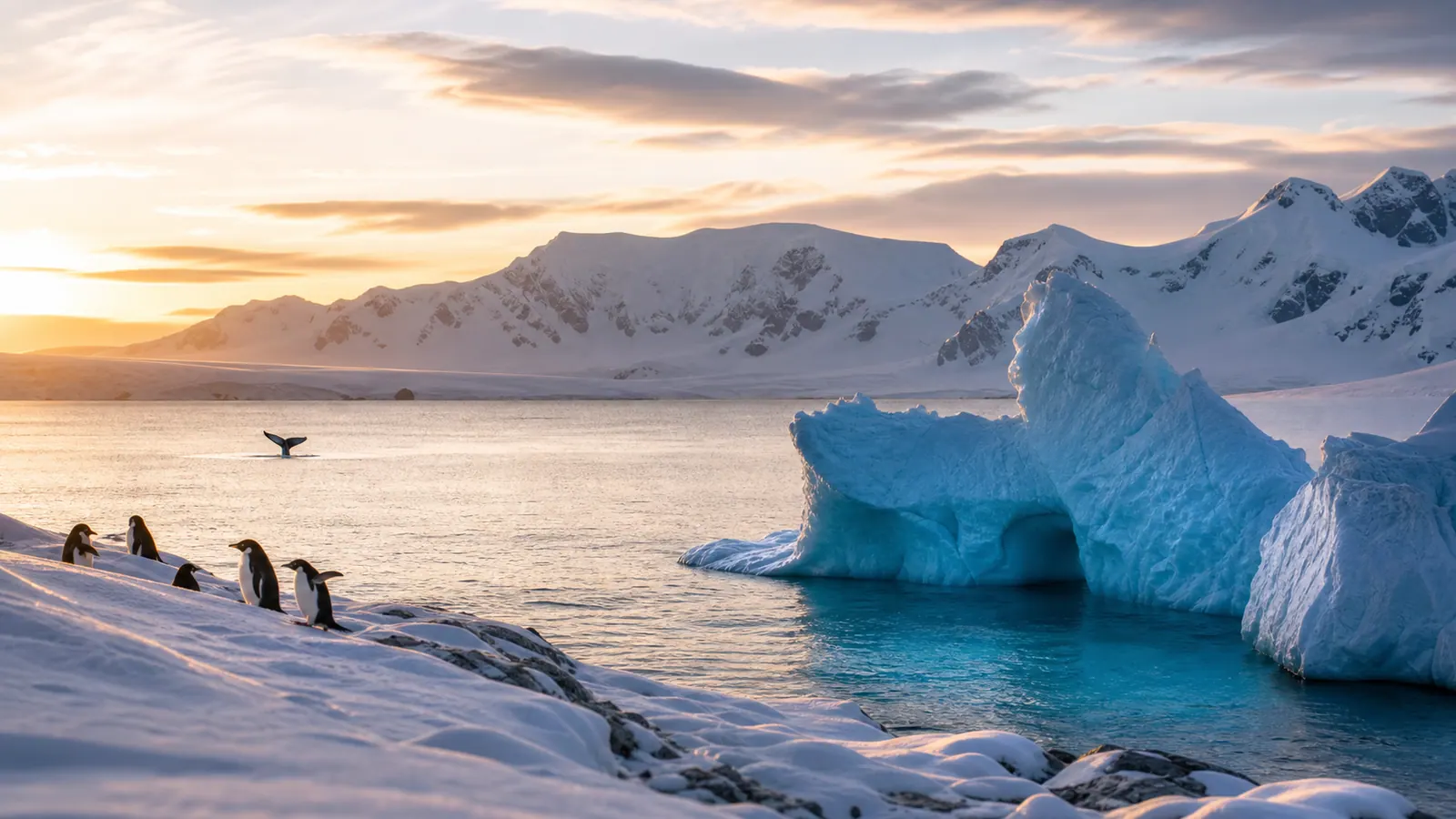 Blue icebergs, penguins and a distant whale tail in an Antarctic bay at evening light.