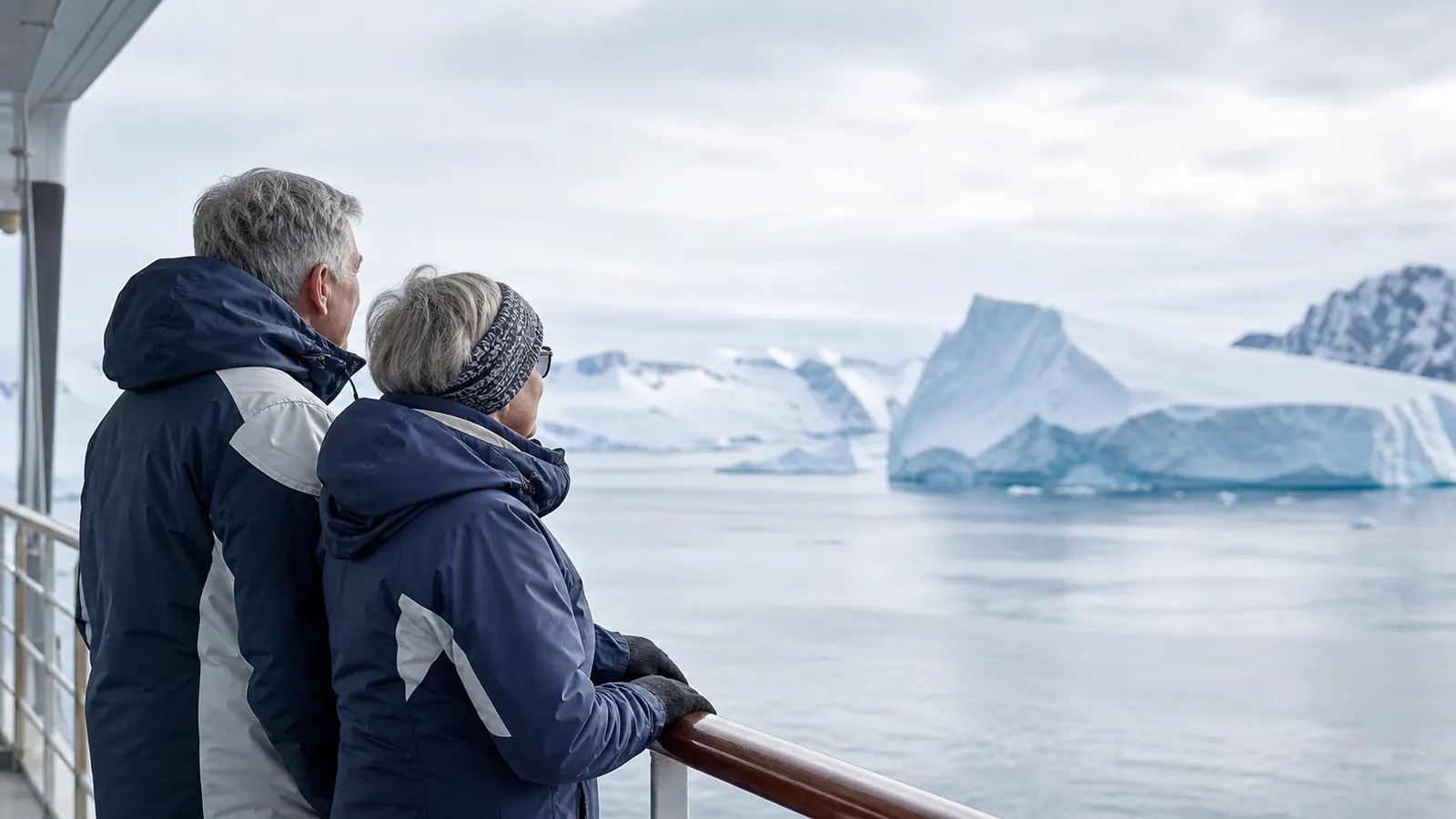 Two senior travelers in polar jackets looking toward icebergs from an expedition ship deck.