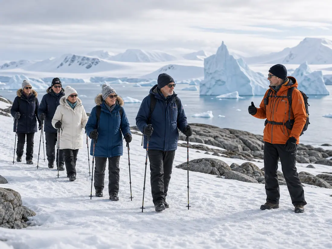 A mature traveler walking carefully across Antarctic snow with expedition guidance.