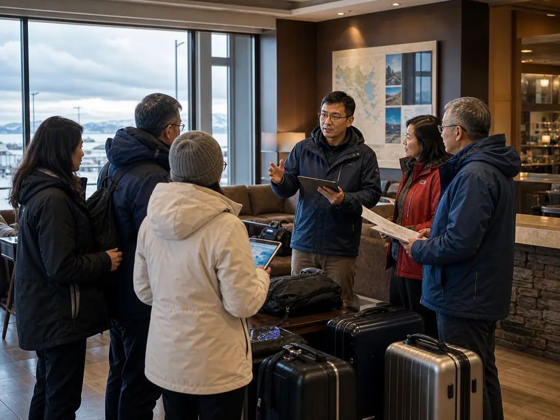 An Antarctica fly-cruise group listening to a trip briefing in a hotel lobby.
