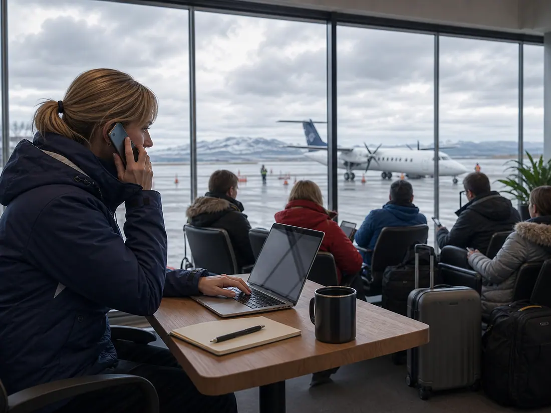 A travel coordinator handling flight updates in an airport waiting area.