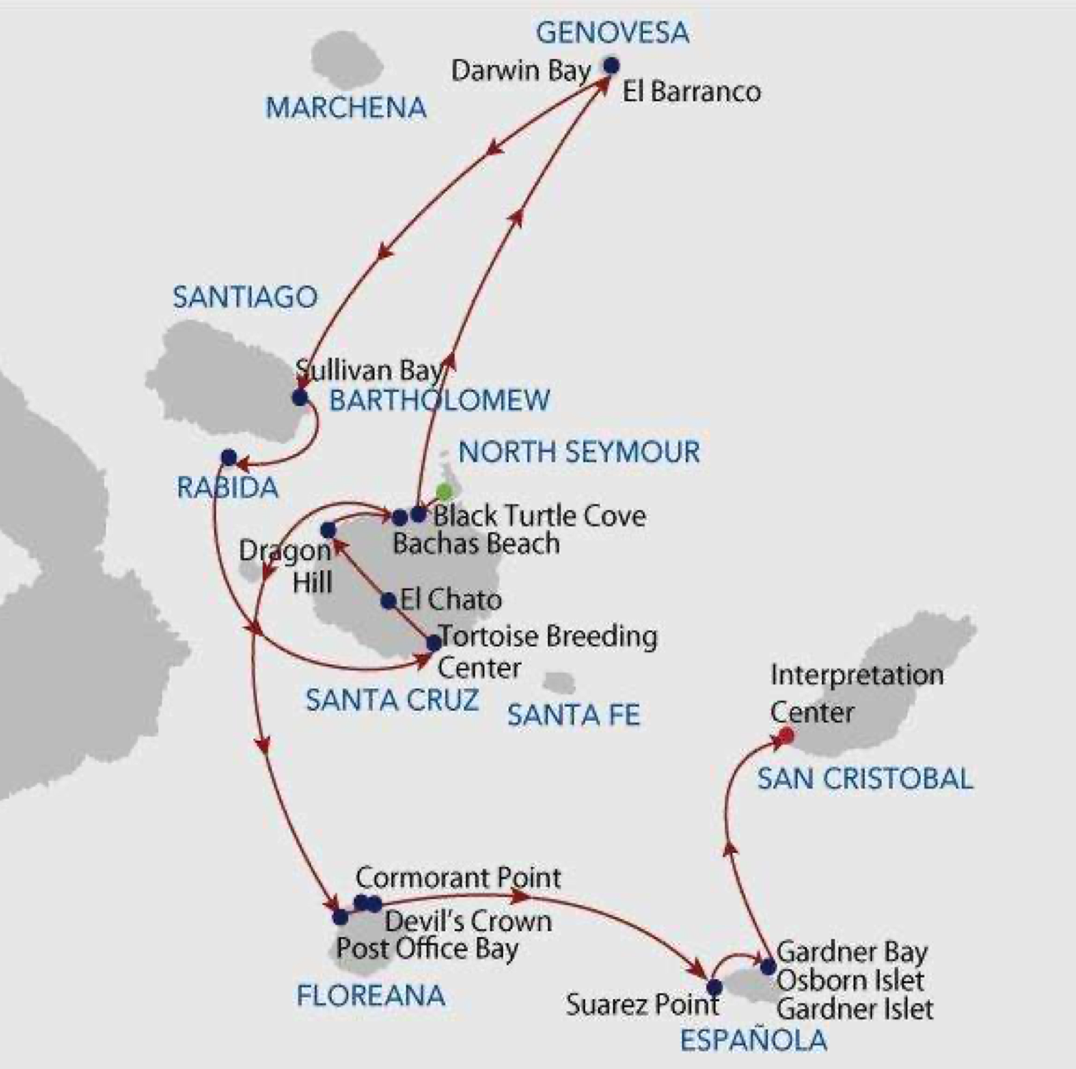 Ecuador and Galapagos cruise route map