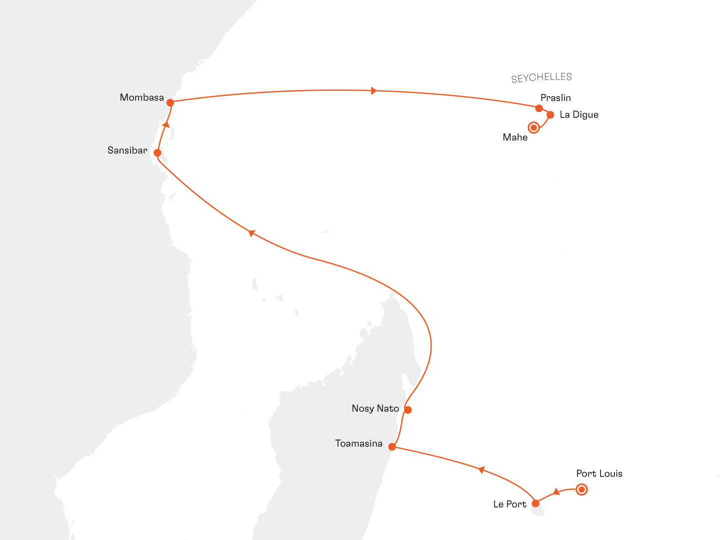Vanilla Islands and East Africa Coast · MS Europa 2, 17 Days route map