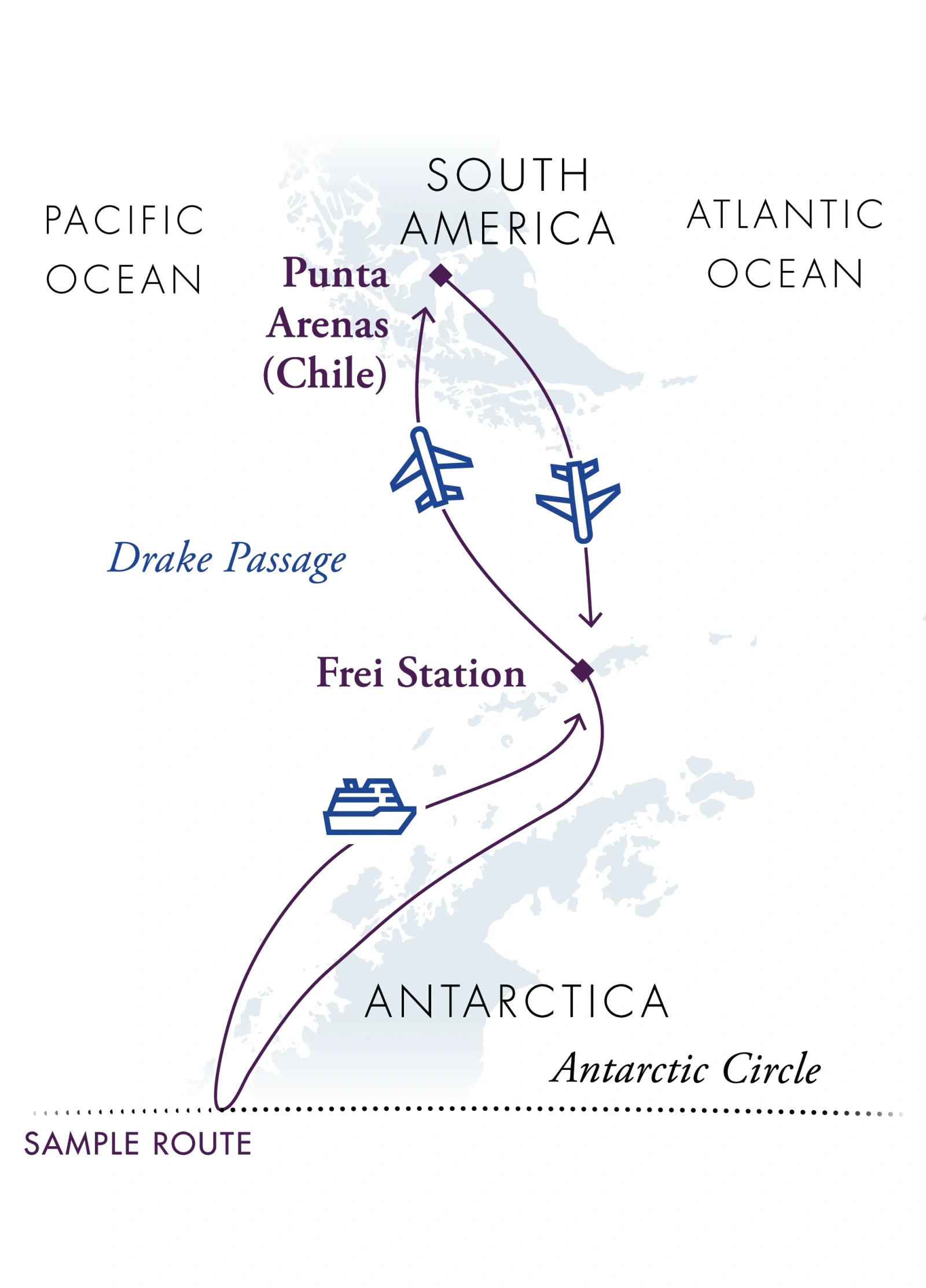 Magellan Discoverer Polar Circle Antarctica Air-Cruise route map