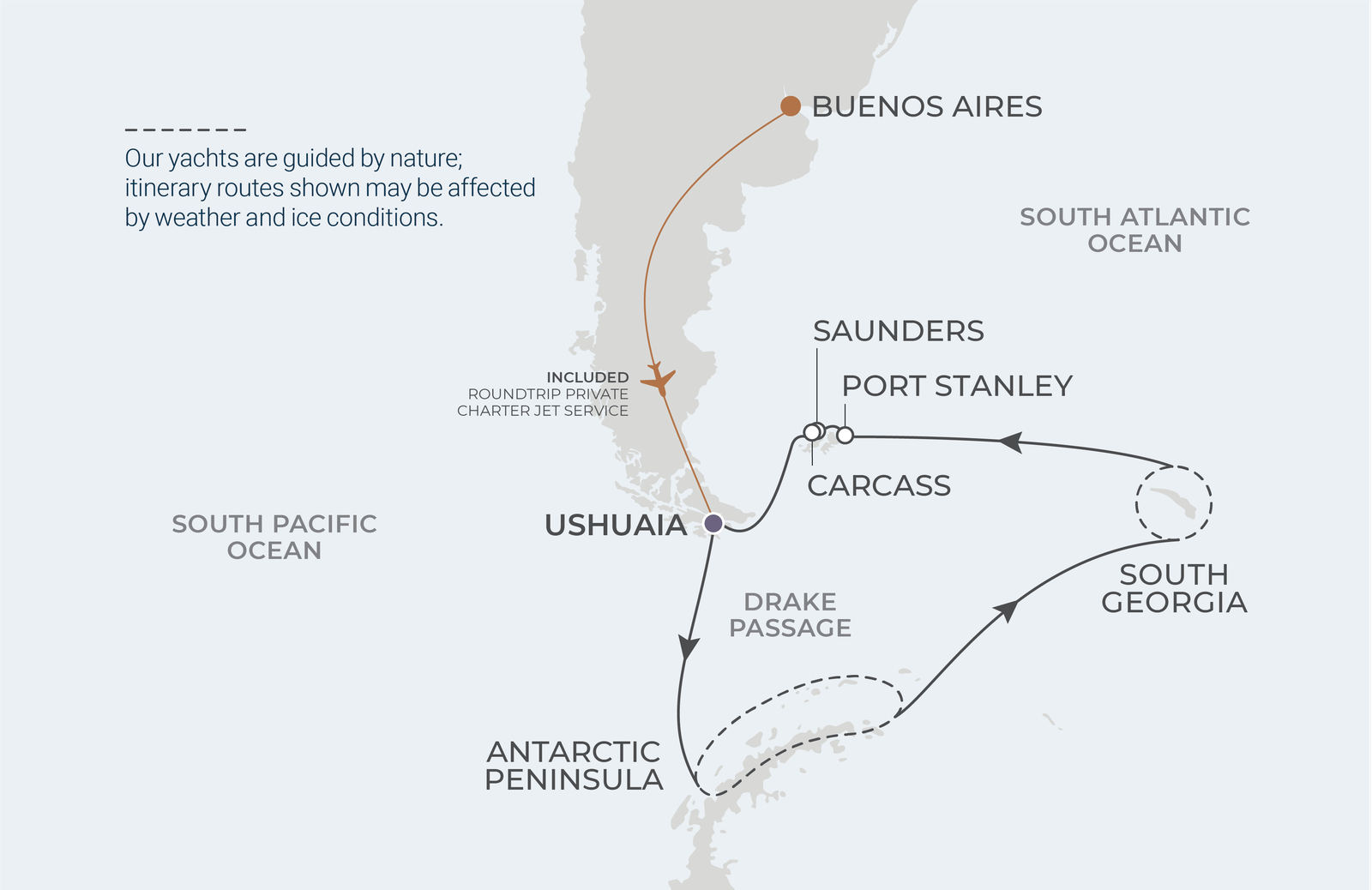 World Traveller 18-night Antarctic Peninsula, South Georgia and Falkland Islands route map