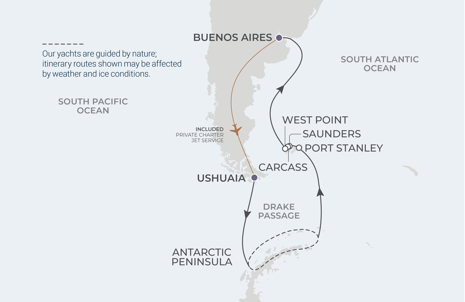World Traveller 16-night Antarctic Peninsula and Falkland Islands route map