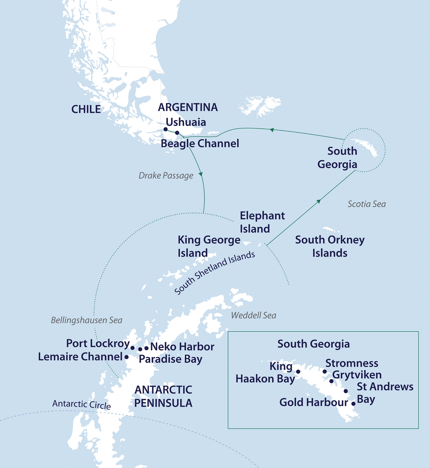 Douglas Mawson South Georgia and Antarctic Peninsula Expedition route map