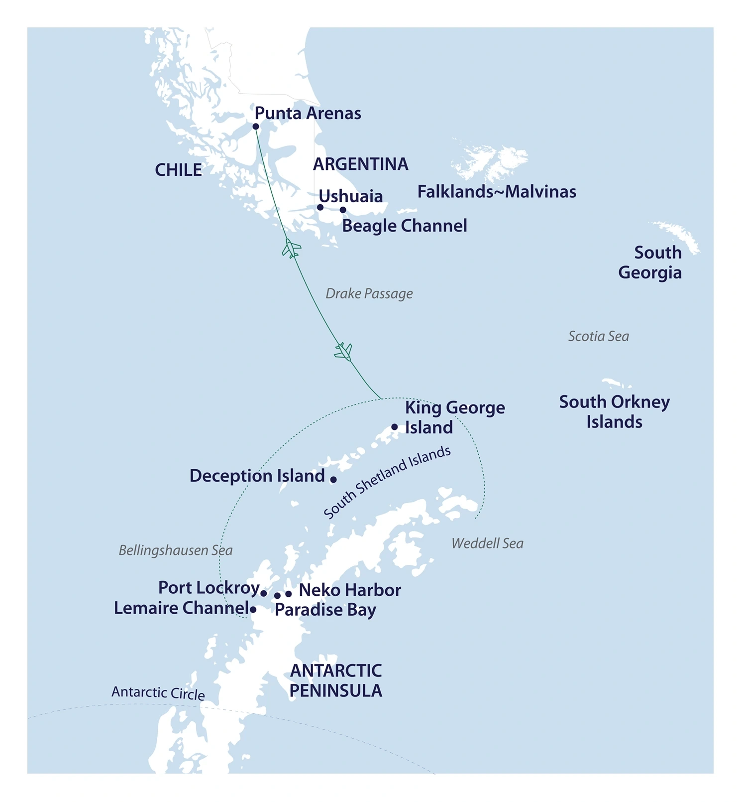 Douglas Mawson Antarctic Peninsula Fly the Drake Expedition route map