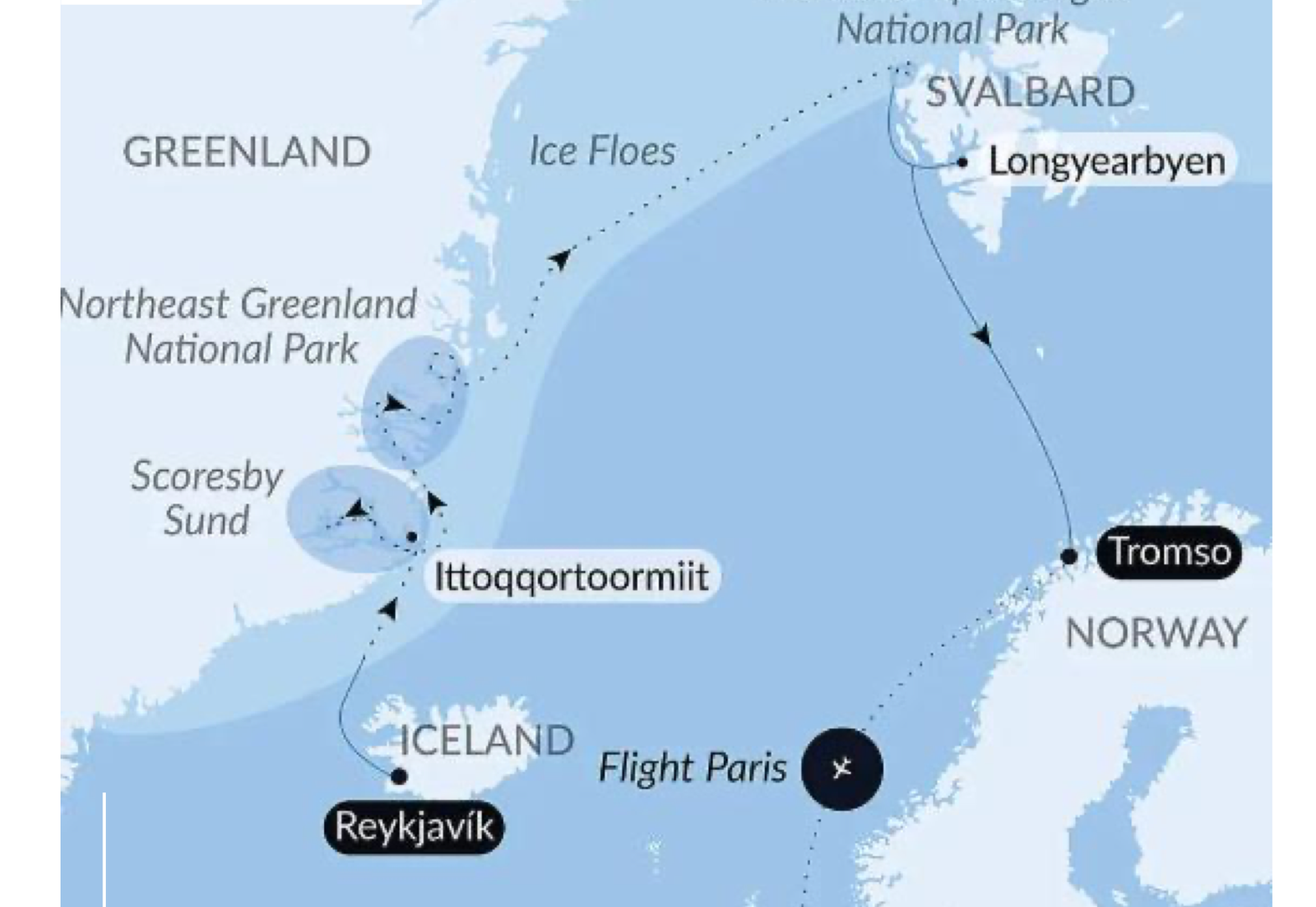Le Commandant Charcot Iceland, Northeast Greenland and Svalbard Expedition route map