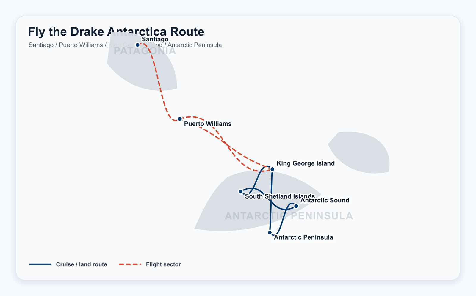 Antarctica Fly the Drake · Lunar New Year + Seven Countries in South America route map