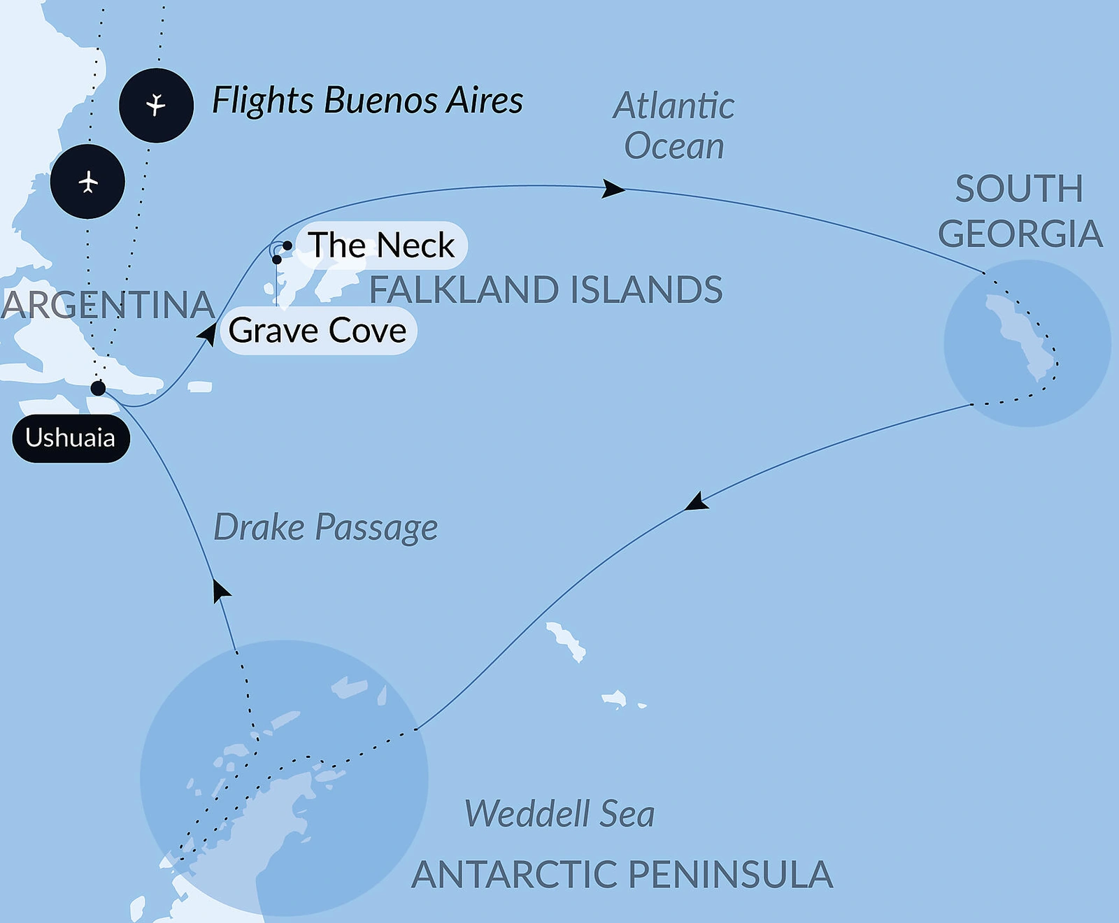 Le Lyrial Falkland Islands, South Georgia and Antarctic Peninsula route map