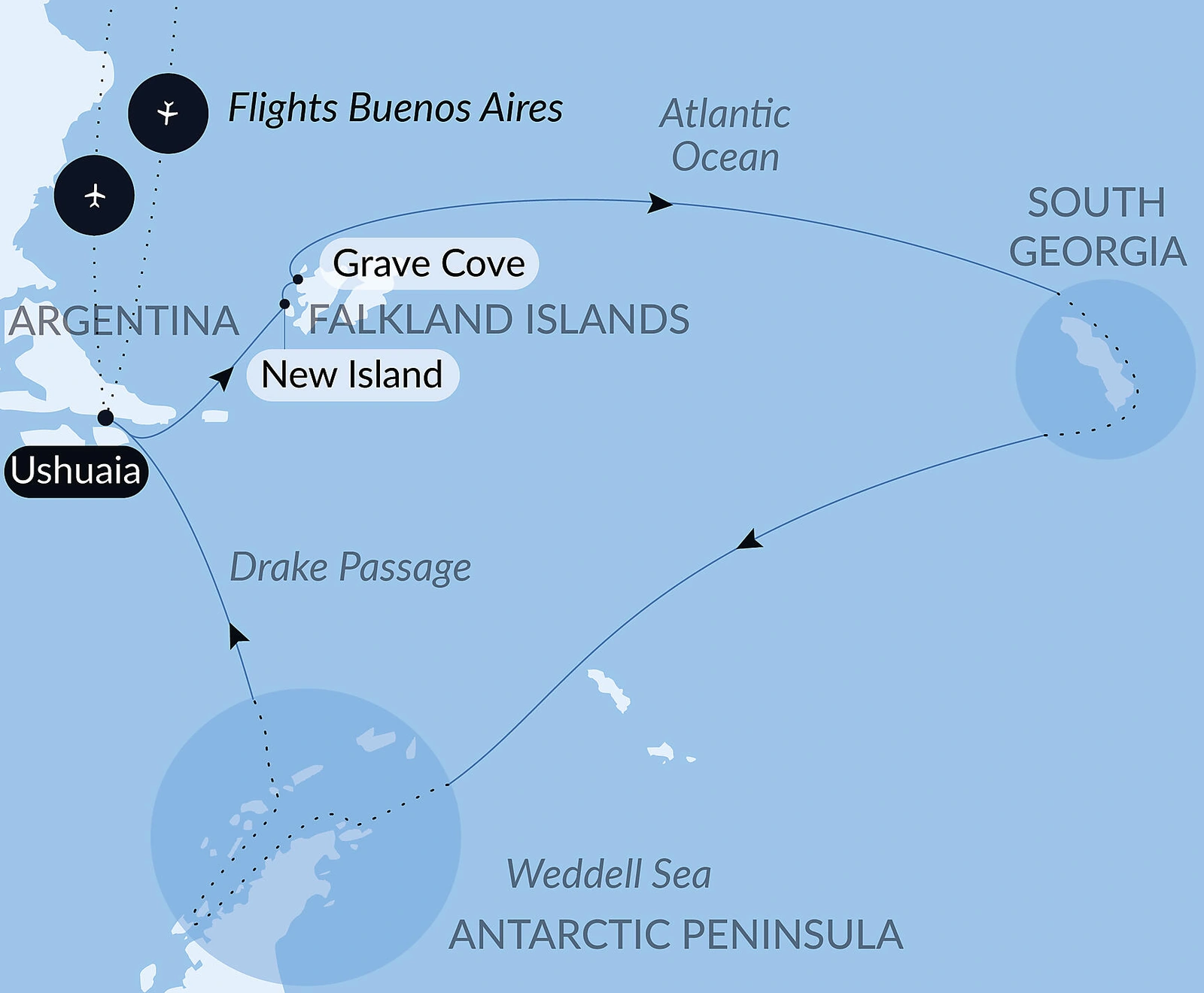 Le Lyrial Falkland Islands, South Georgia and Antarctic Peninsula route map