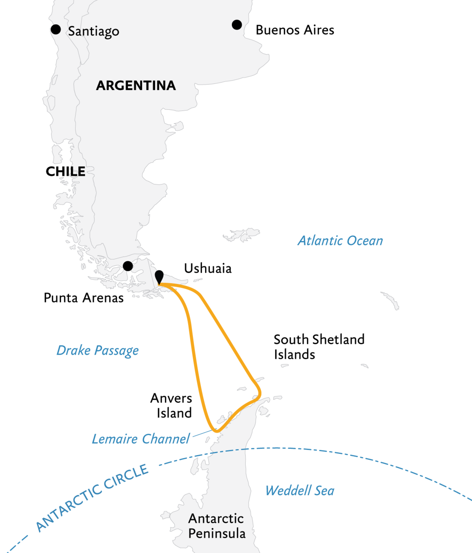 World Voyager Classic Antarctic Peninsula route map