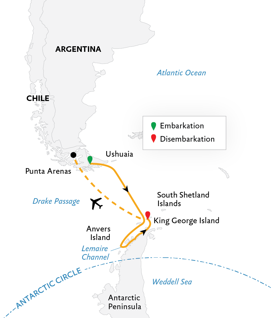 World Voyager Antarctica Fly-Cruise: Cruise South, Fly North route map