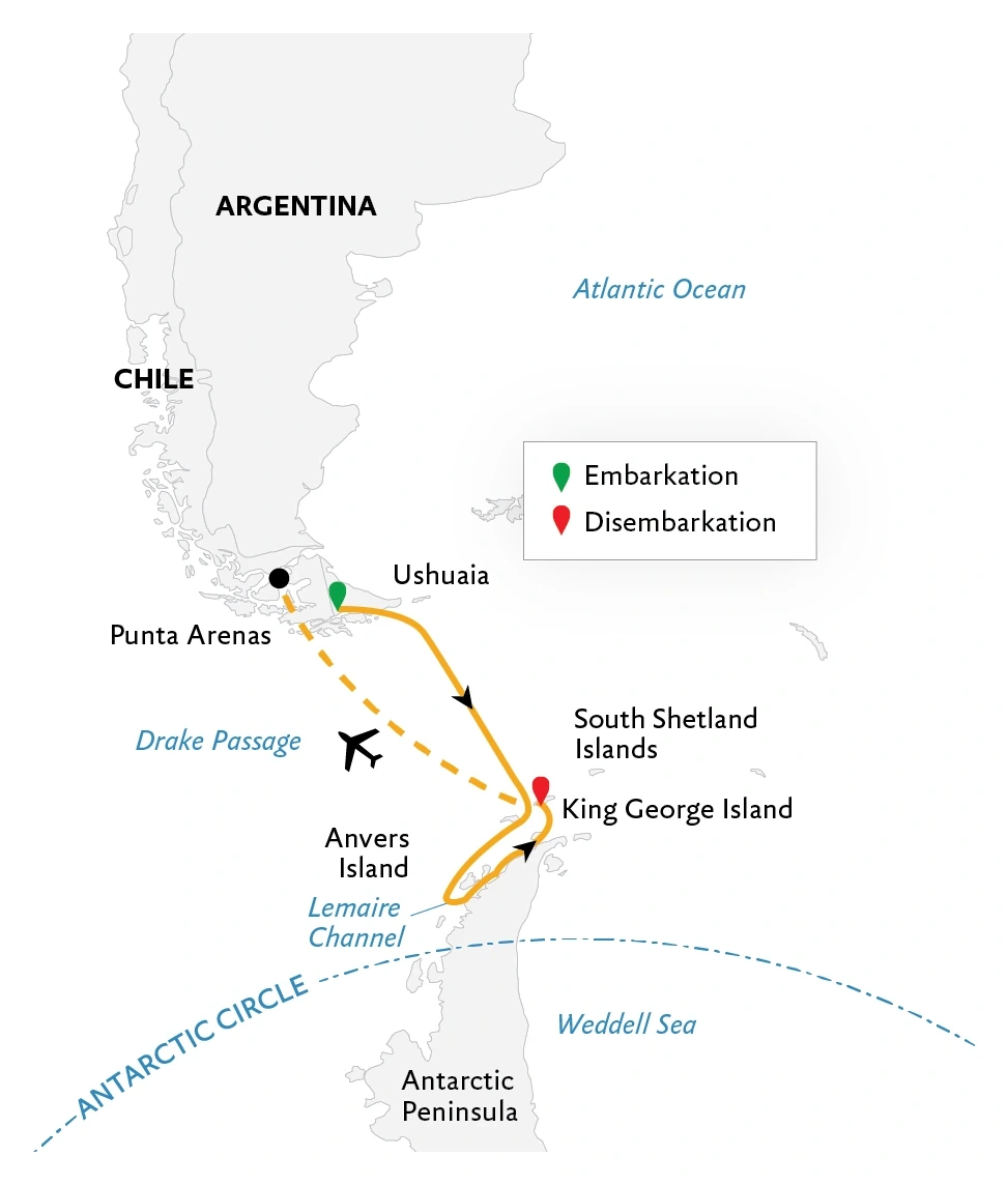 Ocean Explorer Antarctica Fly-Cruise: Cruise South, Fly North route map