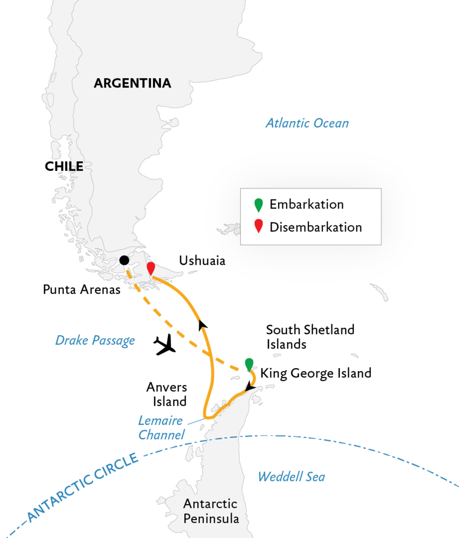 Ocean Explorer Antarctica Fly-Cruise: Fly South, Cruise North route map