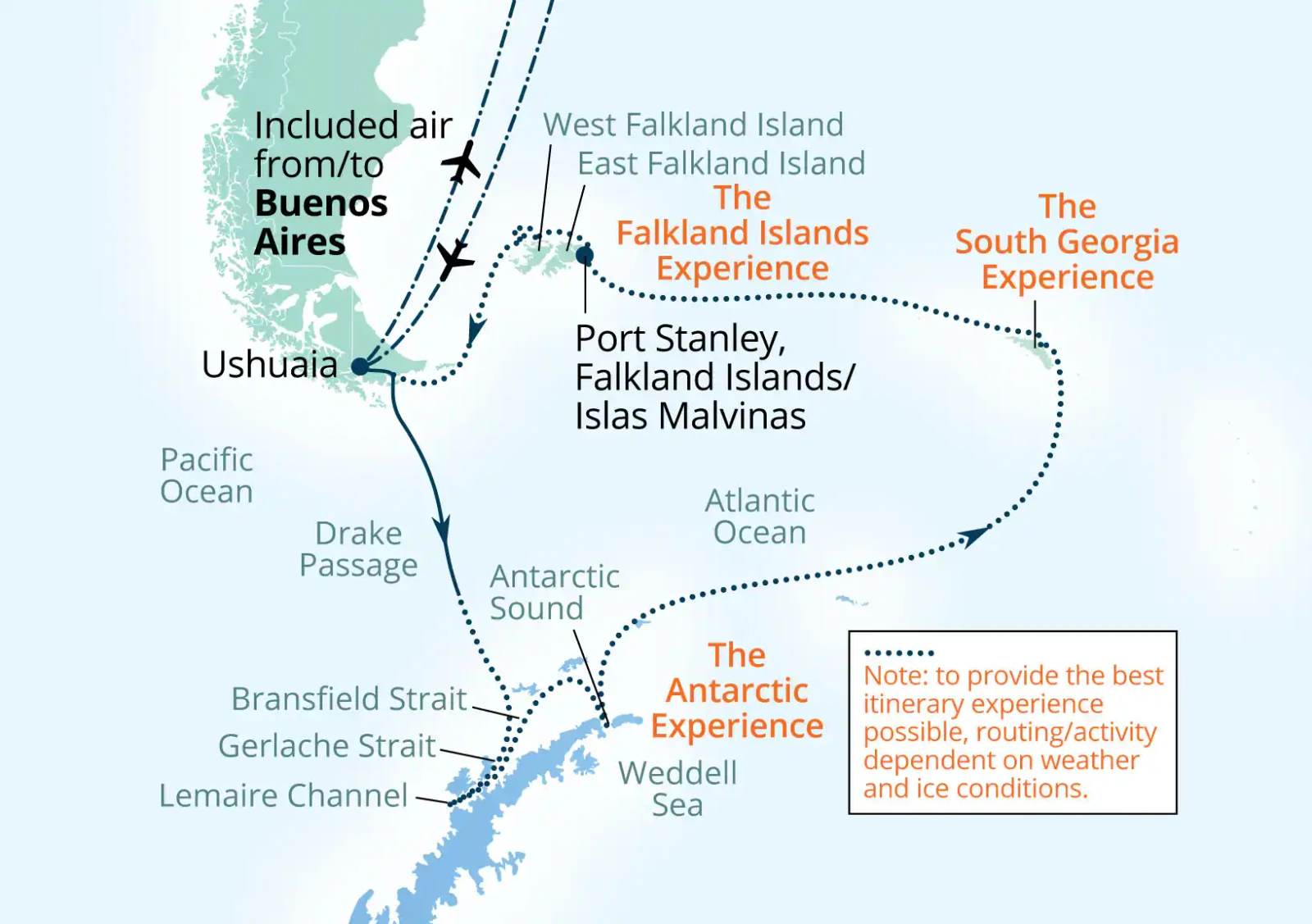 Seabourn Venture Falkland Islands, South Georgia and Antarctic Peninsula route map