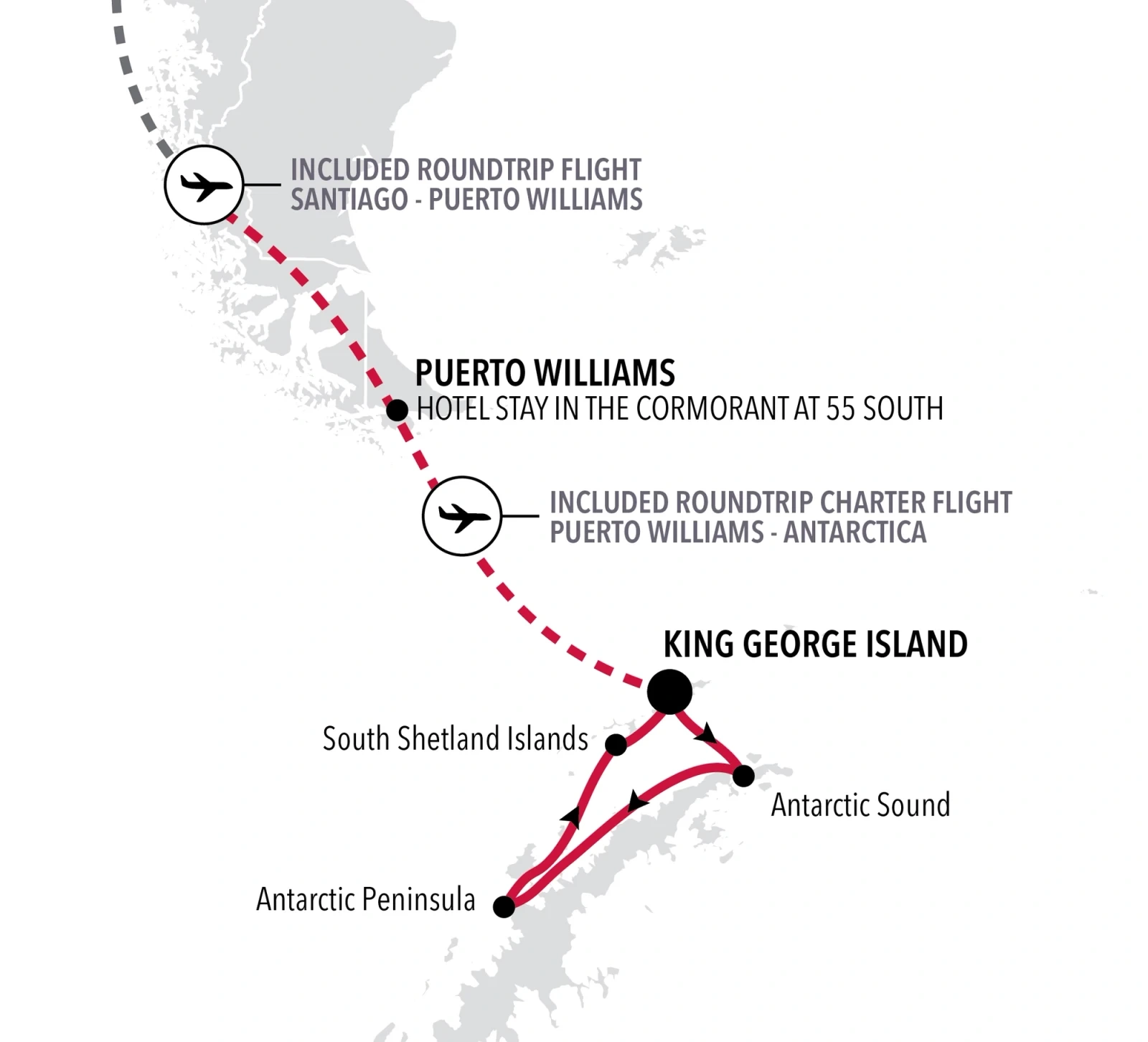 Silver Endeavour Antarctica Fly-Cruise: King George Island Roundtrip route map