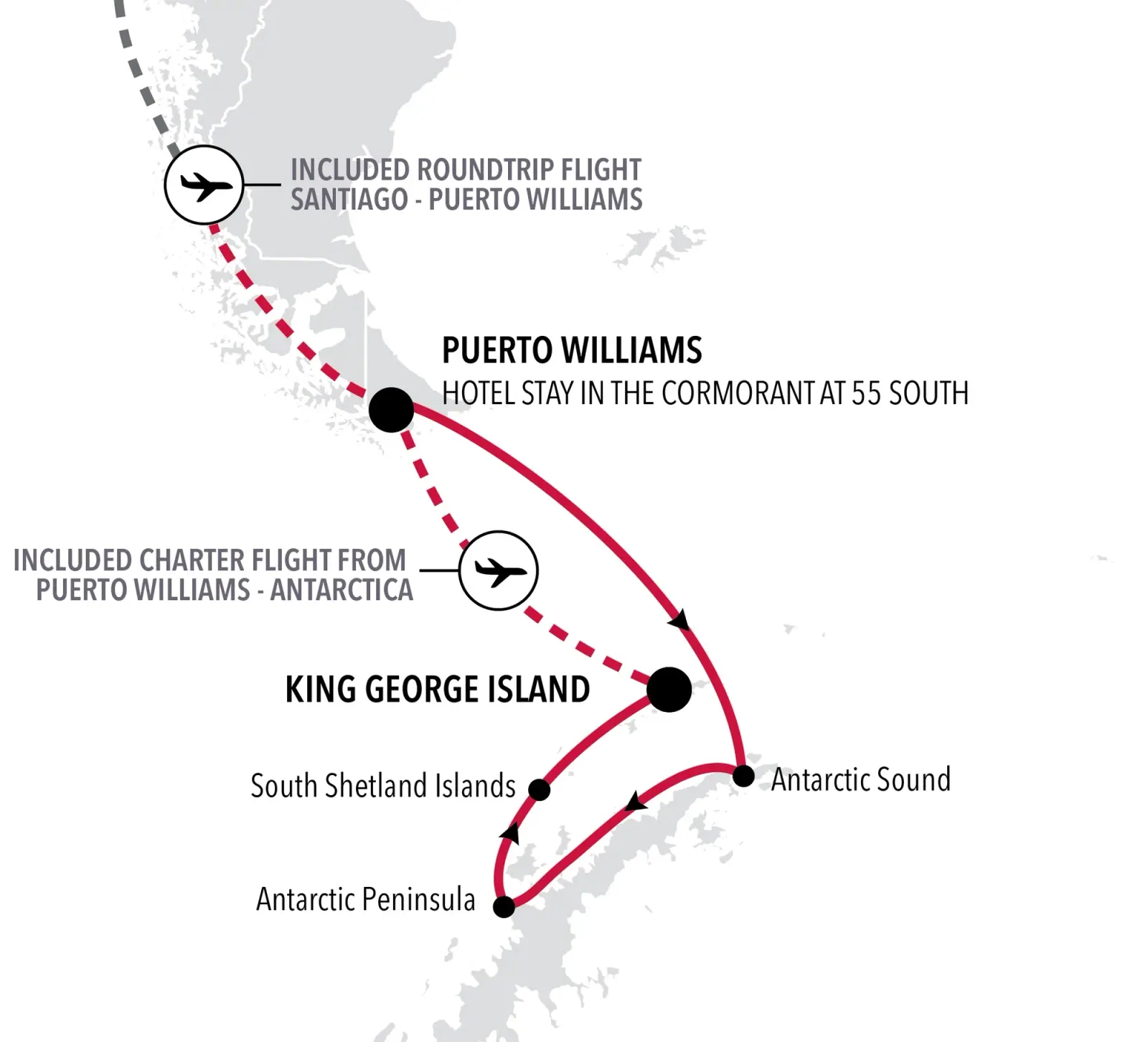 Silver Wind Antarctica Fly-Cruise: Puerto Williams to King George Island Cruise South from Puerto Williams and Fly North