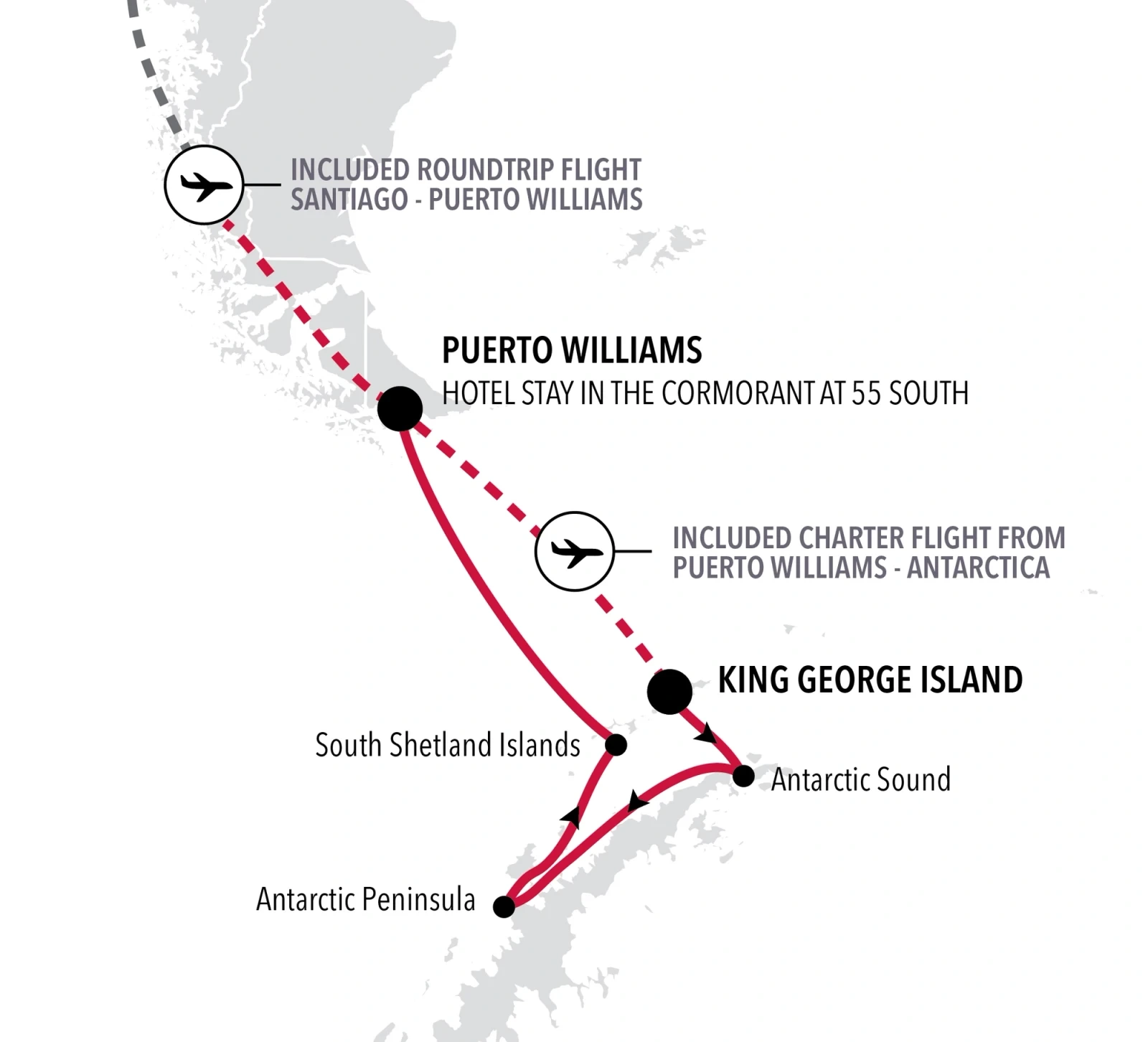 Silver Wind Antarctica Fly-Cruise: King George Island to Puerto Williams route map